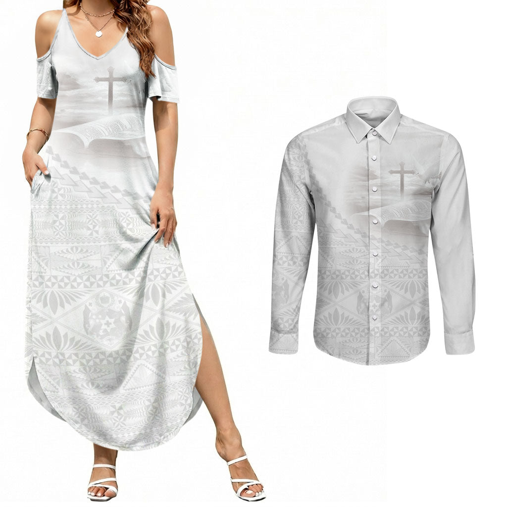 Tonga White Sunday Fakame Couples Matching Summer Maxi Dress and Long Sleeve Button Shirt Tokelaufeletoa Kupesi LT7 White - Polynesian Pride