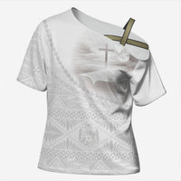Tonga White Sunday Fakame Cross Shoulder Shirt Tokelaufeletoa Kupesi LT7 Female White - Polynesian Pride