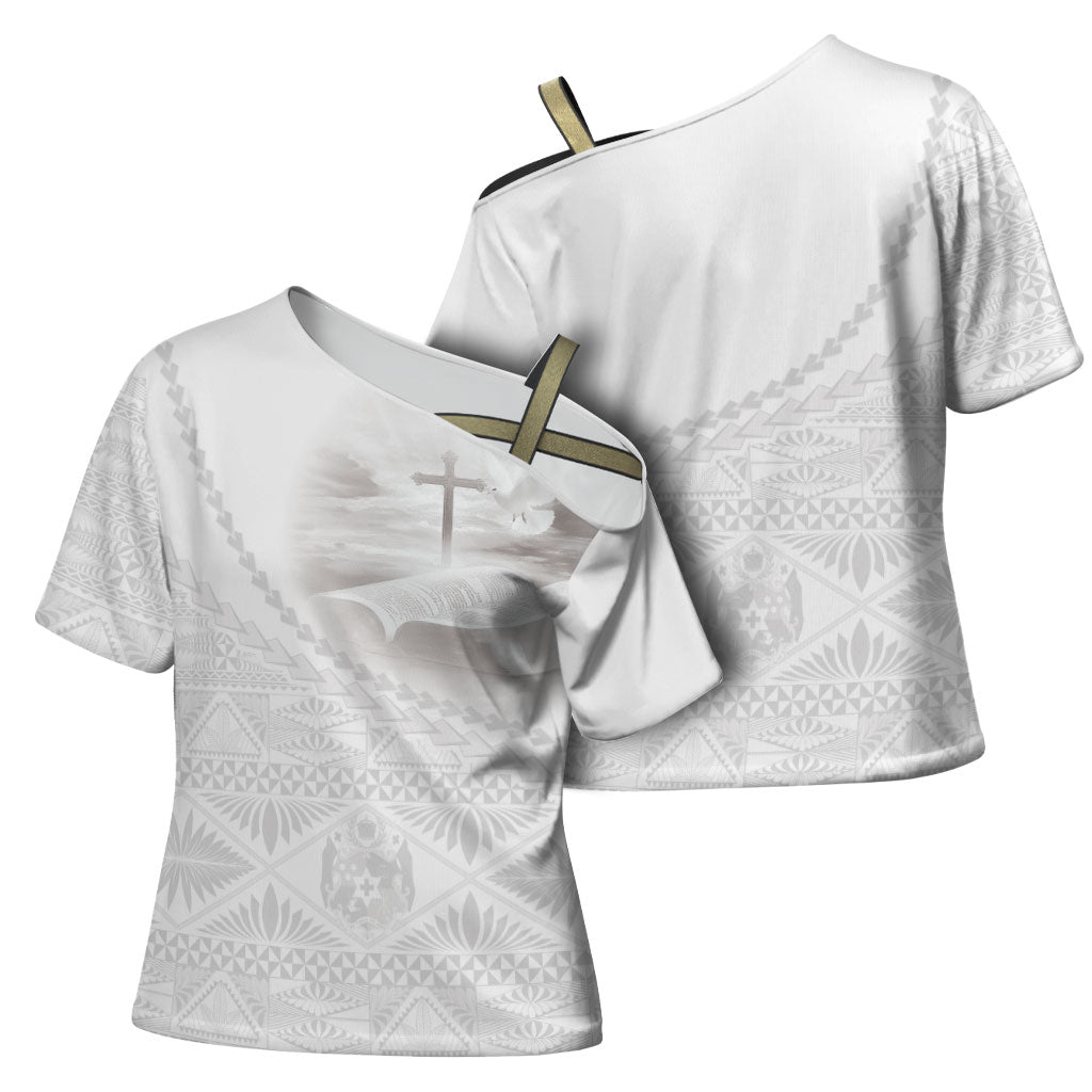 Tonga White Sunday Fakame Cross Shoulder Shirt Tokelaufeletoa Kupesi LT7 - Polynesian Pride