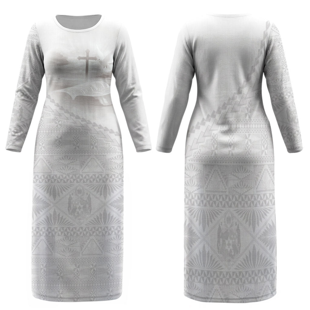 Tonga White Sunday Fakame Family Matching Long Sleeve Bodycon Dress and Hawaiian Shirt Tokelaufeletoa Kupesi LT7 Mom's Dress White - Polynesian Pride