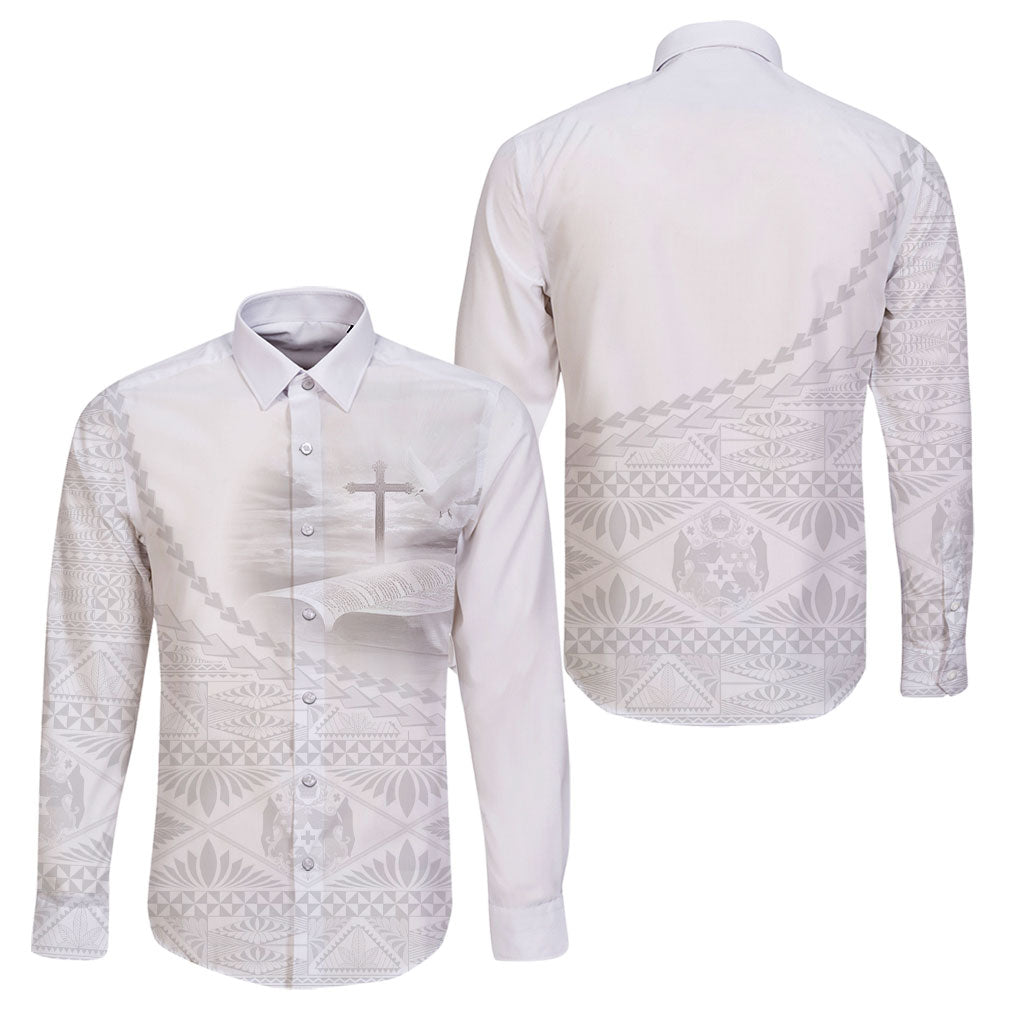 Tonga White Sunday Fakame Family Matching Off Shoulder Maxi Dress and Hawaiian Shirt Tokelaufeletoa Kupesi LT7 Dad's Shirt - Long Sleeve White - Polynesian Pride