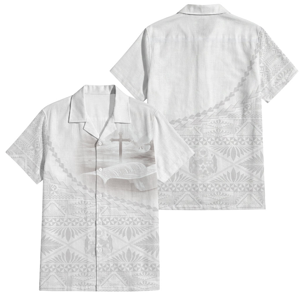 Tonga White Sunday Fakame Family Matching Off Shoulder Short Dress and Hawaiian Shirt Tokelaufeletoa Kupesi