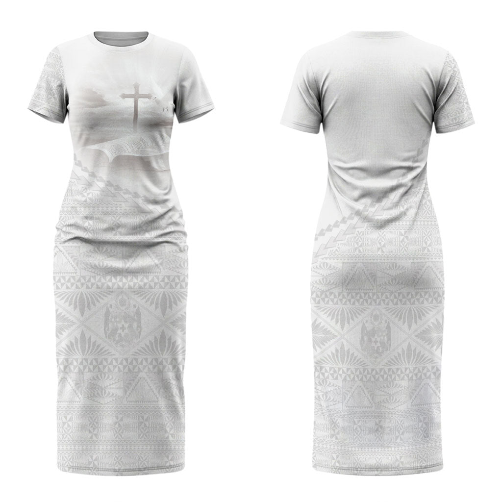 Tonga White Sunday Fakame Family Matching Short Sleeve Bodycon Dress and Hawaiian Shirt Tokelaufeletoa Kupesi LT7 Mom's Dress White - Polynesian Pride