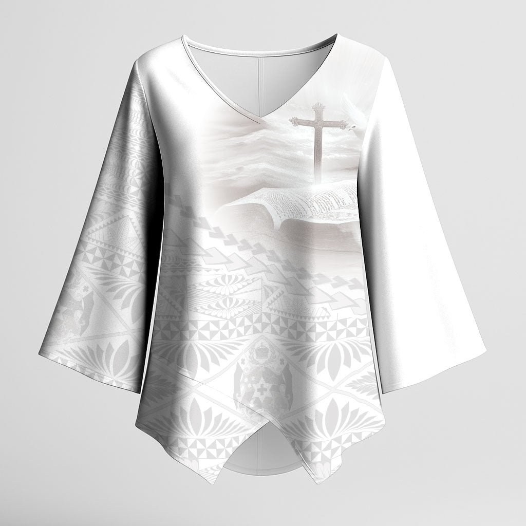 Tonga White Sunday Fakame Kimono Sleeve Blouse Tokelaufeletoa Kupesi LT7 Female White - Polynesian Pride