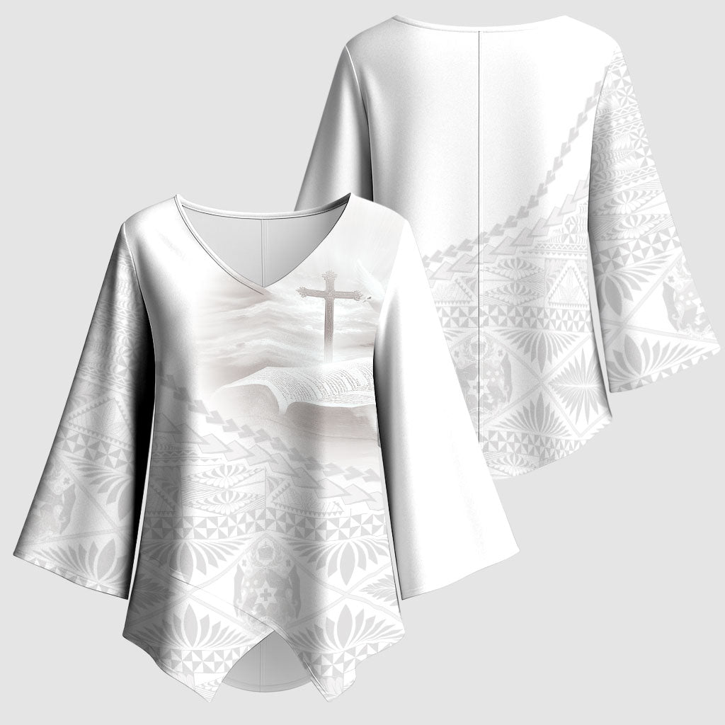 Tonga White Sunday Fakame Kimono Sleeve Blouse Tokelaufeletoa Kupesi LT7 - Polynesian Pride