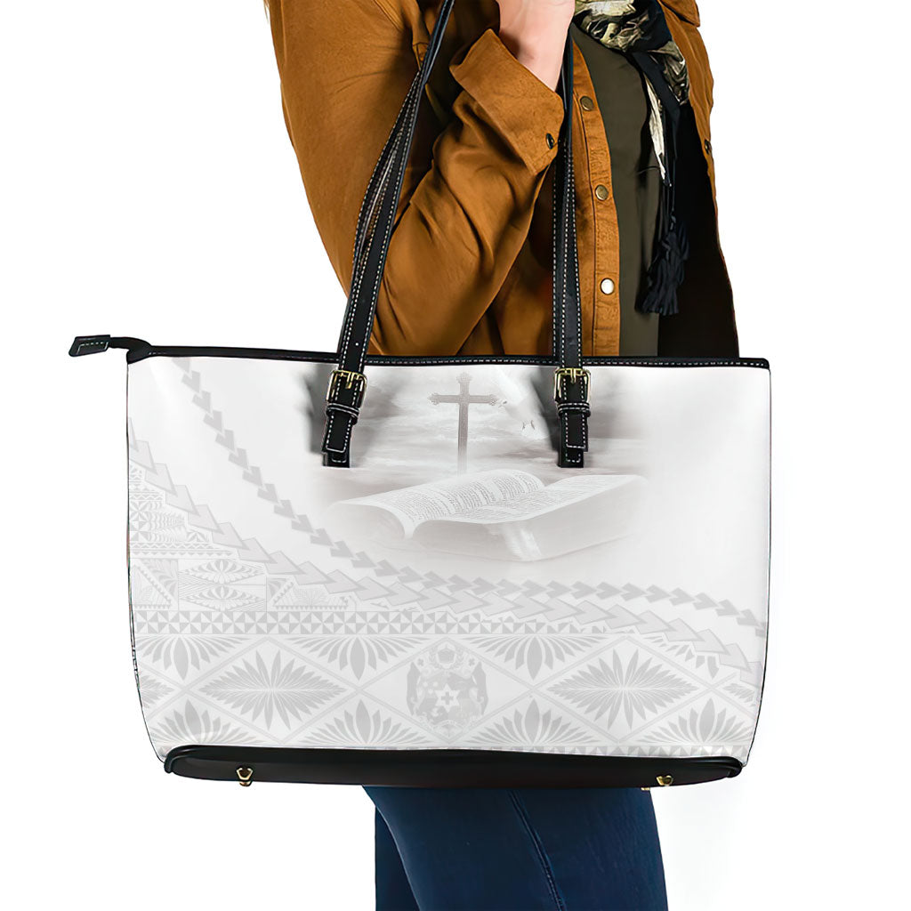 Tonga White Sunday Fakame Leather Tote Bag Tokelaufeletoa Kupesi LT7 - Polynesian Pride