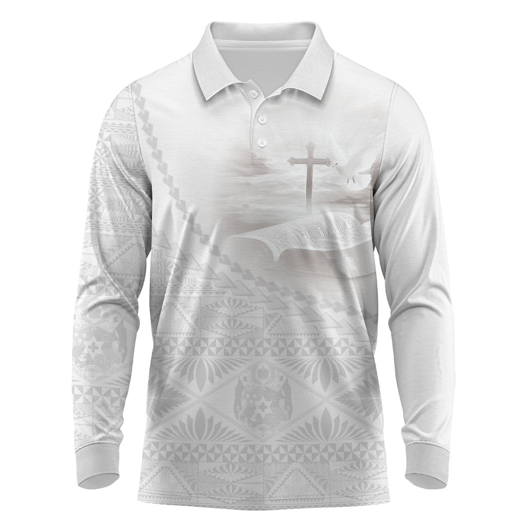 Tonga White Sunday Fakame Long Sleeve Polo Shirt Tokelaufeletoa Kupesi LT7 White - Polynesian Pride