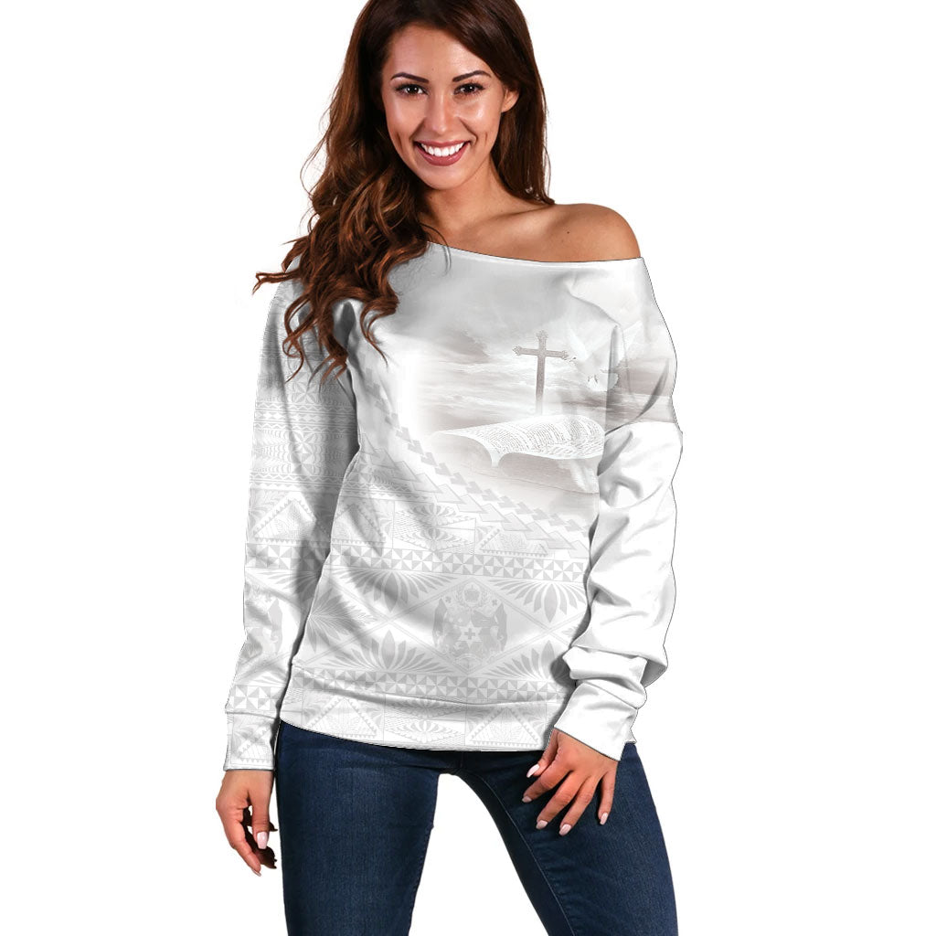 Tonga White Sunday Fakame Off Shoulder Sweater Tokelaufeletoa Kupesi LT7 Women White - Polynesian Pride