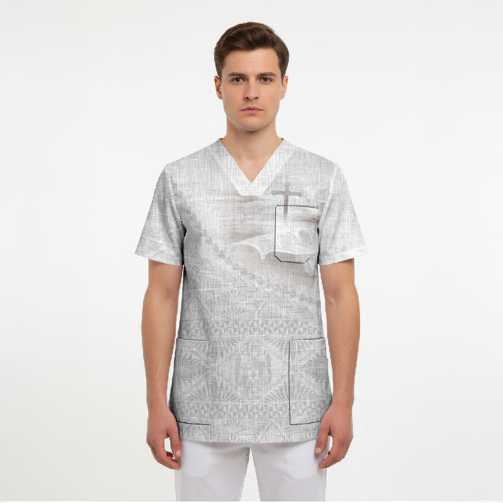 Tonga White Sunday Fakame Scrub Top Tokelaufeletoa Kupesi LT7 - Polynesian Pride