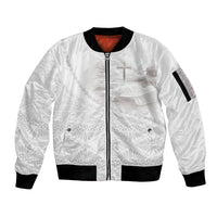 Tonga White Sunday Fakame Sleeve Zip Bomber Jacket Tokelaufeletoa Kupesi LT7 Unisex White - Polynesian Pride