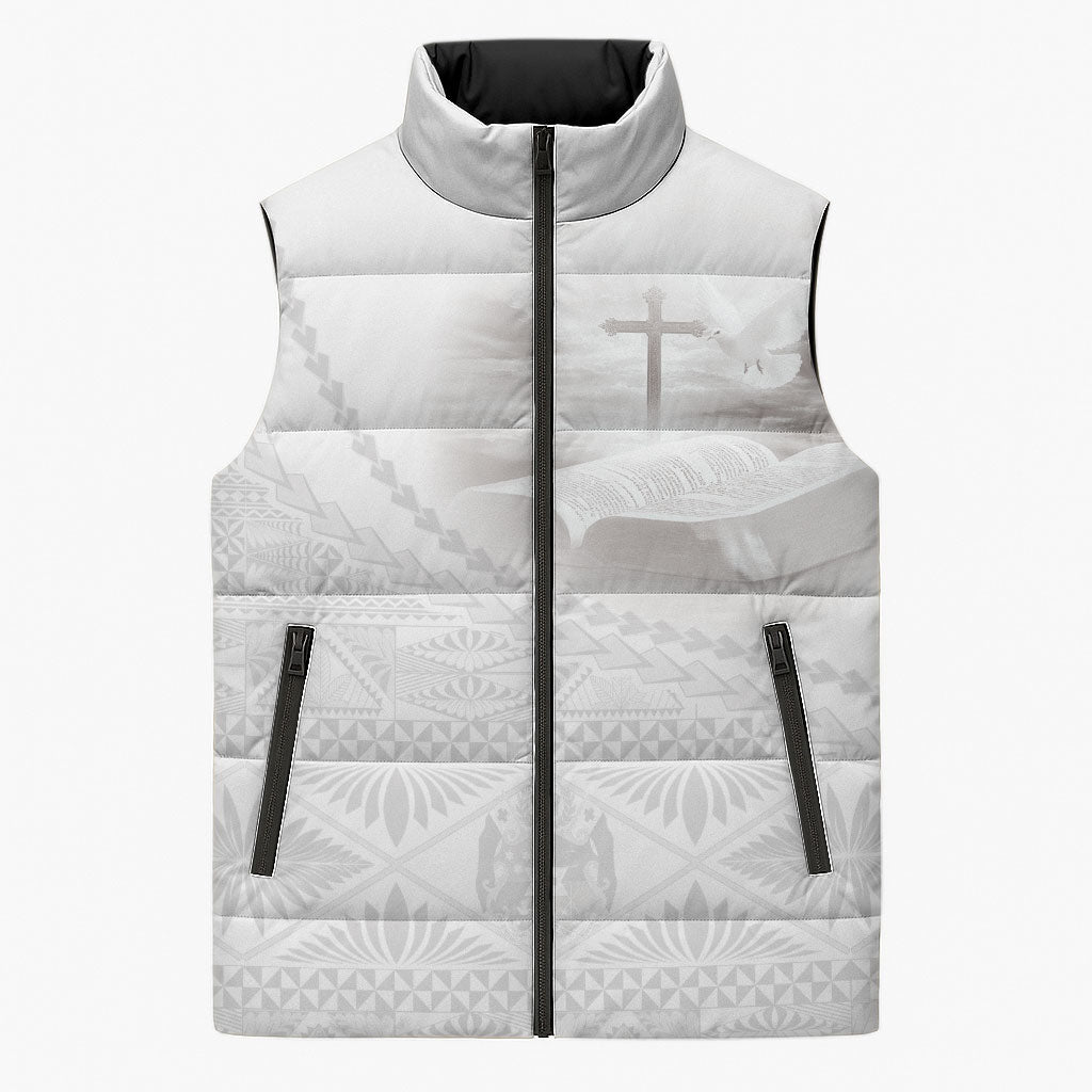 Tonga White Sunday Fakame Sleeveless Puffer Jacket Tokelaufeletoa Kupesi LT7 Unisex White - Polynesian Pride