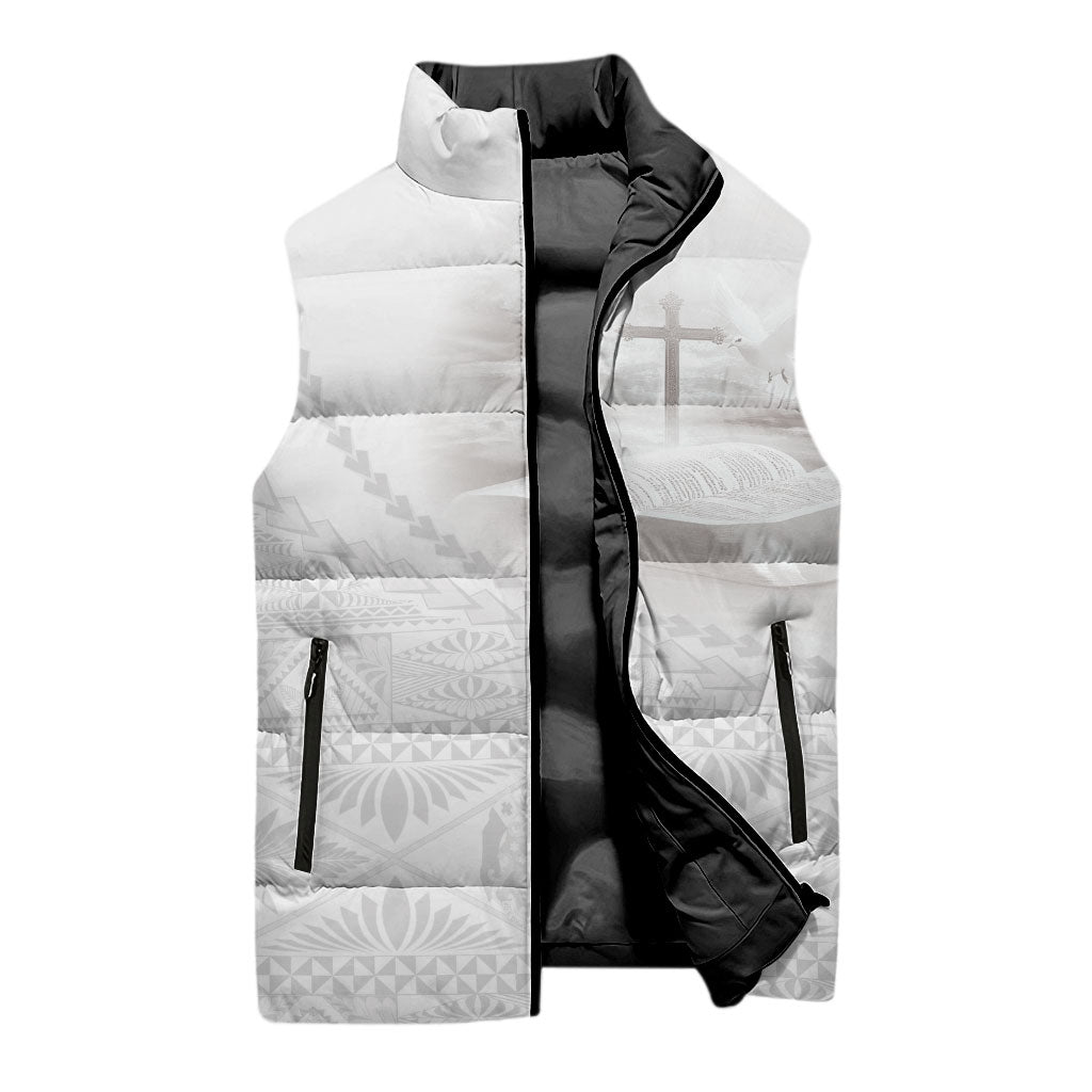 Tonga White Sunday Fakame Sleeveless Puffer Jacket Tokelaufeletoa Kupesi LT7 - Polynesian Pride