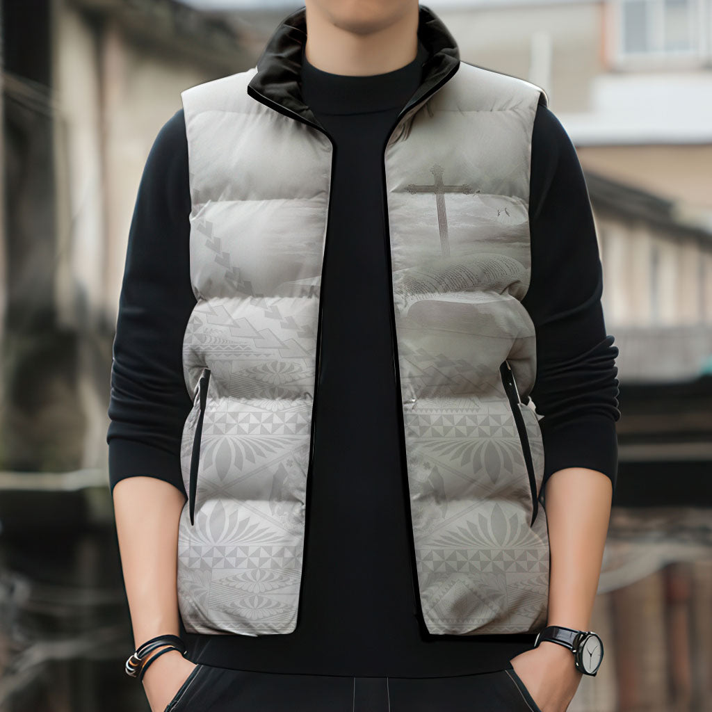 Tonga White Sunday Fakame Sleeveless Puffer Jacket Tokelaufeletoa Kupesi LT7 - Polynesian Pride