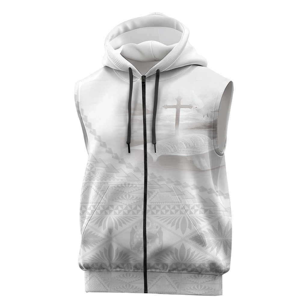 Tonga White Sunday Fakame Sleeveless Zip Hoodie Tokelaufeletoa Kupesi LT7 White - Polynesian Pride