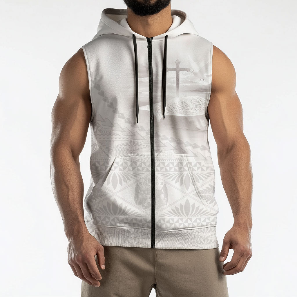 Tonga White Sunday Fakame Sleeveless Zip Hoodie Tokelaufeletoa Kupesi LT7 - Polynesian Pride