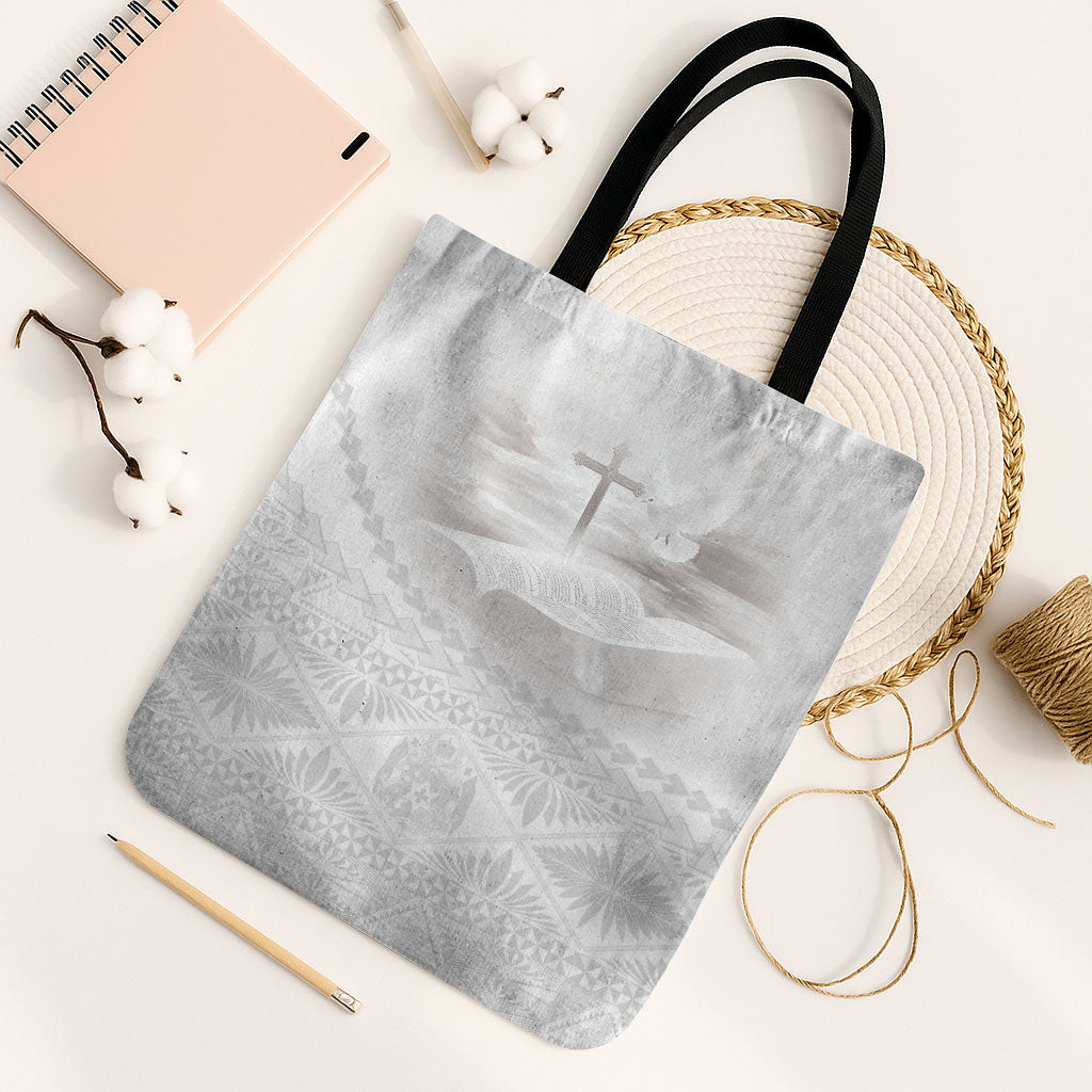 Tonga White Sunday Fakame Tote Bag Tokelaufeletoa Kupesi LT7 Black Strap One Size White - Polynesian Pride