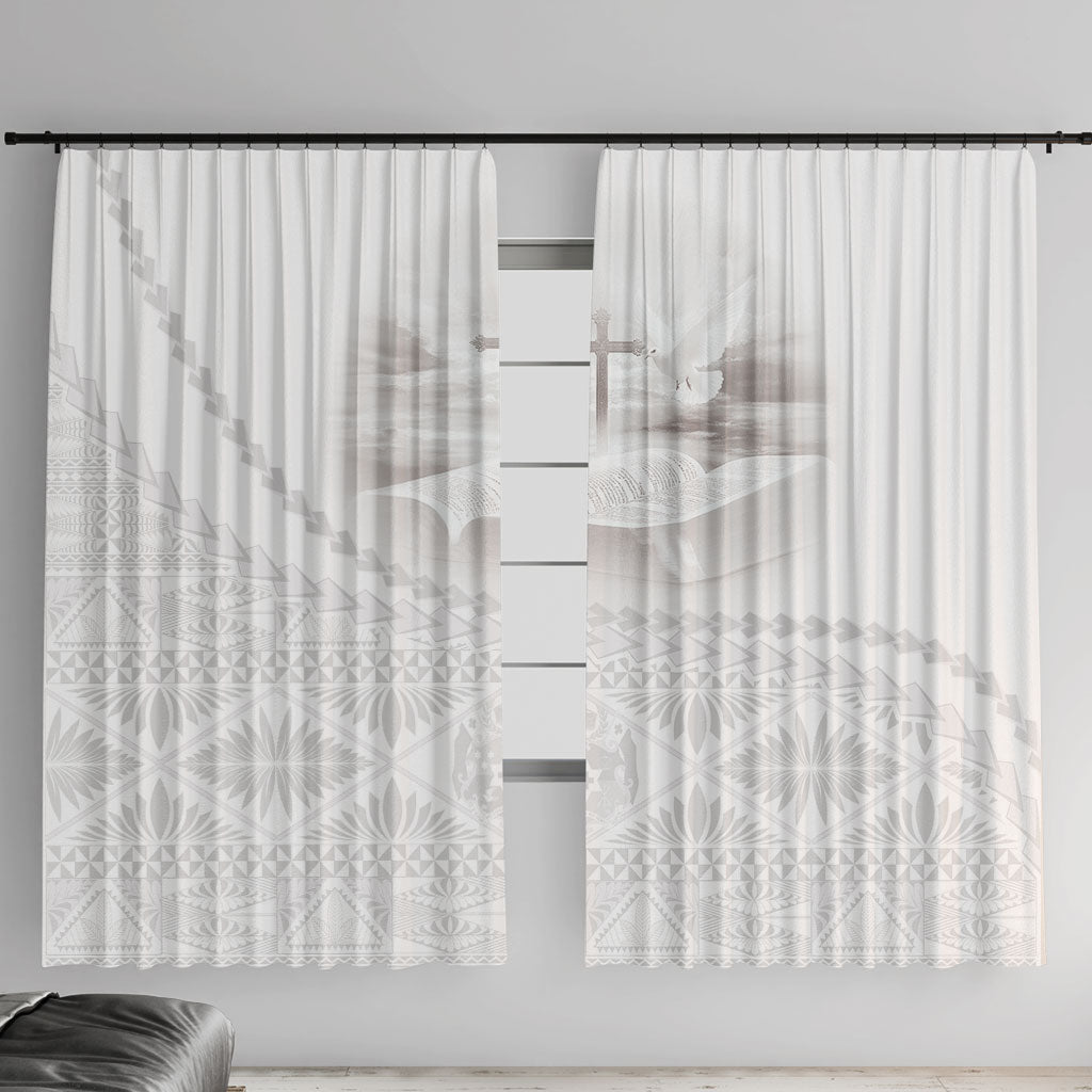 Tonga White Sunday Fakame Window Curtain Tokelaufeletoa Kupesi LT7 With Hooks White - Polynesian Pride