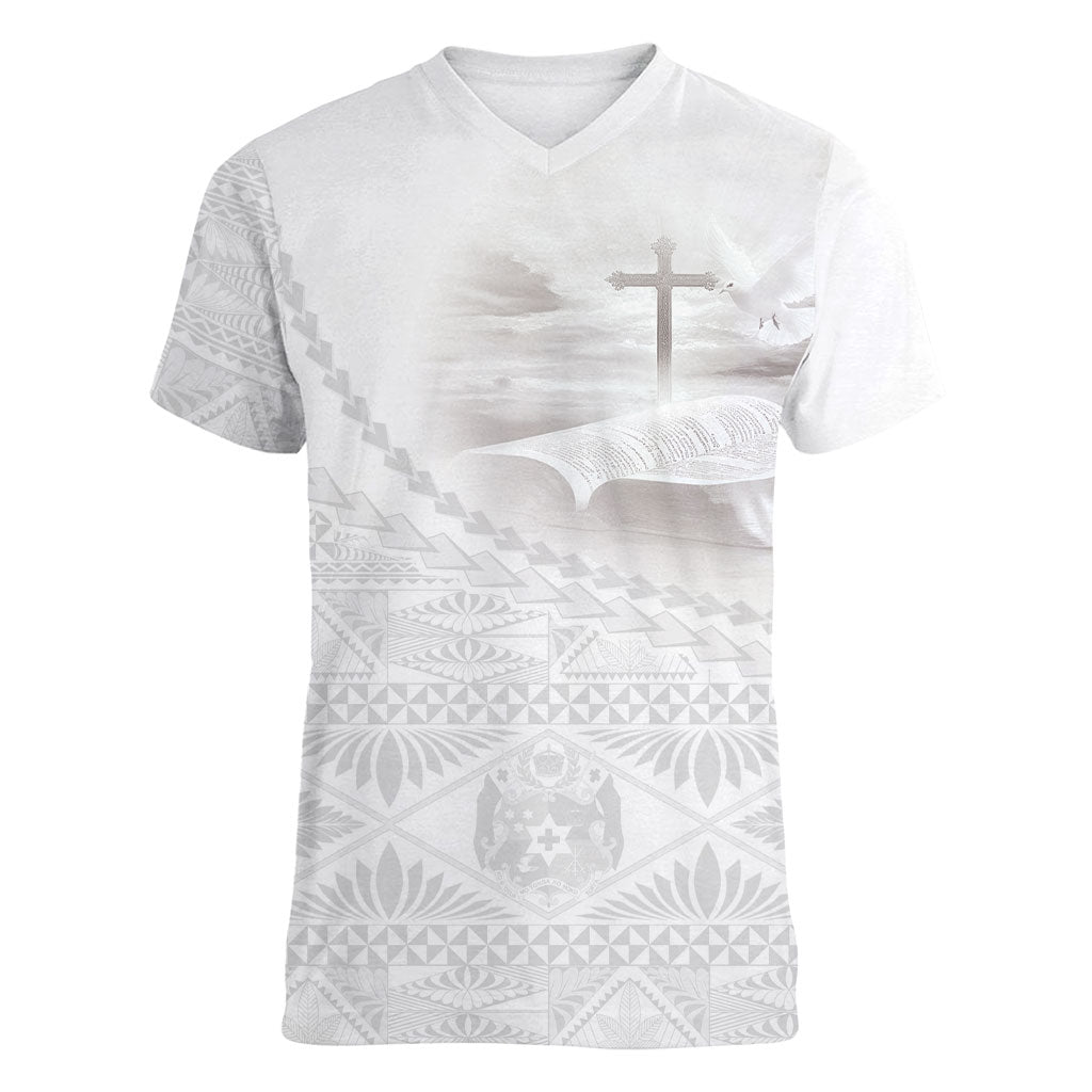 Tonga White Sunday Fakame Women V-Neck T-Shirt Tokelaufeletoa Kupesi
