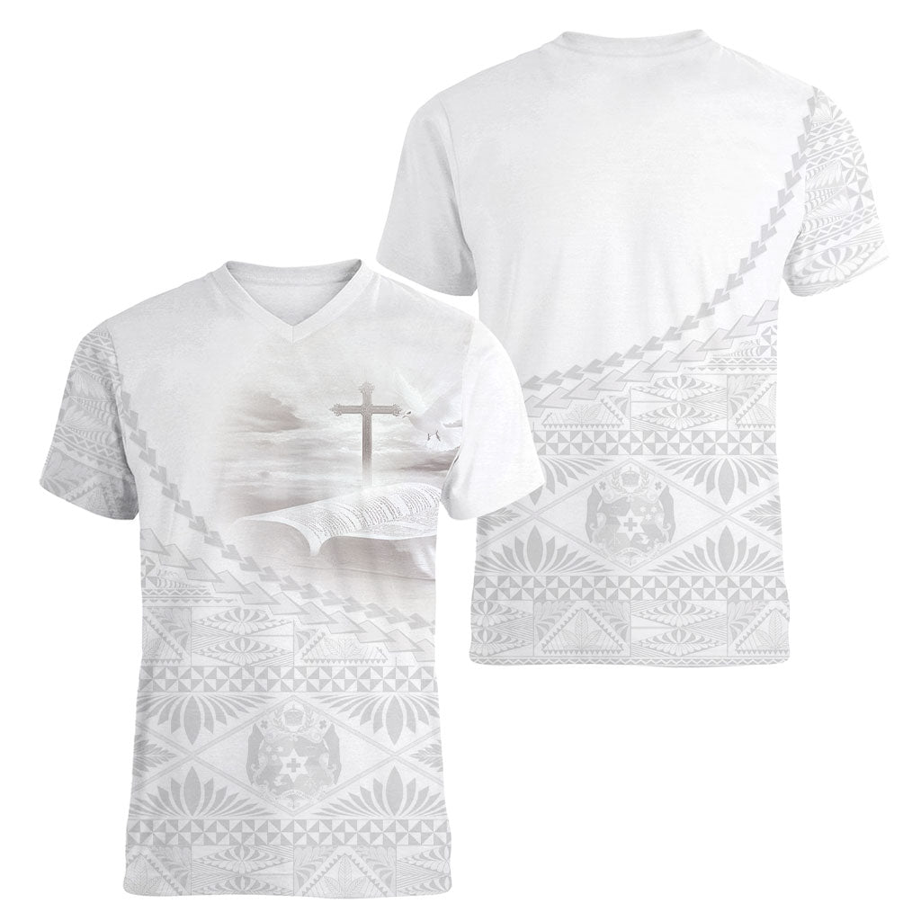Tonga White Sunday Fakame Women V-Neck T-Shirt Tokelaufeletoa Kupesi
