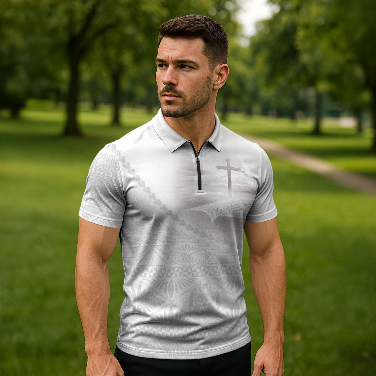 Tonga White Sunday Fakame Zipper Polo Shirt Tokelaufeletoa Kupesi LT7 - Polynesian Pride