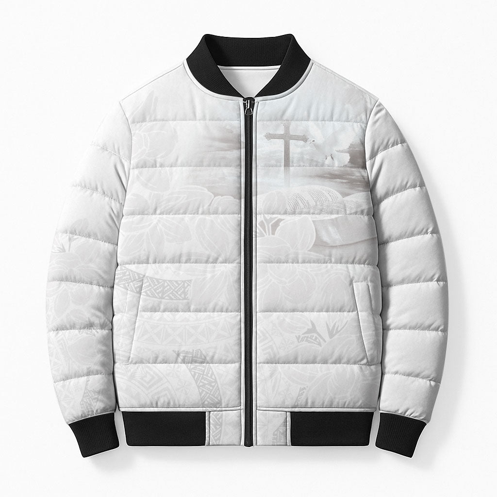 Niue White Sunday Tapu Fanau Bomber Puffer Jacket Fiti Pua Mix Hiapo Tapa LT7 Unisex White - Polynesian Pride