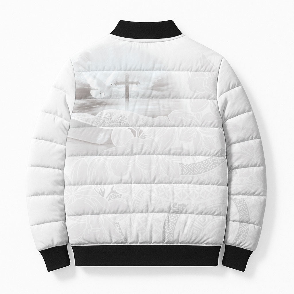 Niue White Sunday Tapu Fanau Bomber Puffer Jacket Fiti Pua Mix Hiapo Tapa LT7 - Polynesian Pride
