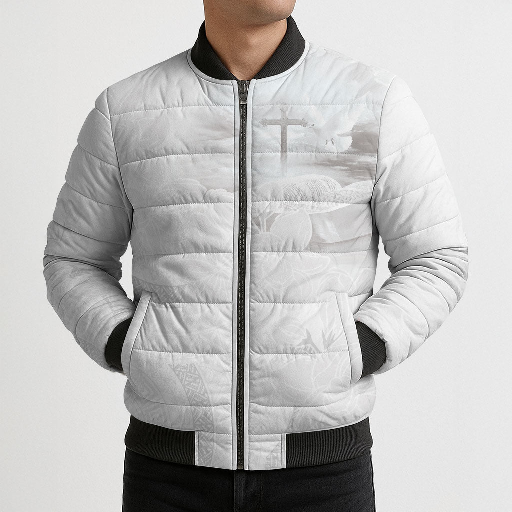 Niue White Sunday Tapu Fanau Bomber Puffer Jacket Fiti Pua Mix Hiapo Tapa LT7 - Polynesian Pride