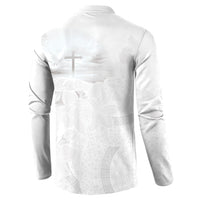 Niue White Sunday Tapu Fanau Button Sweatshirt Fiti Pua Mix Hiapo Tapa LT7 - Polynesian Pride