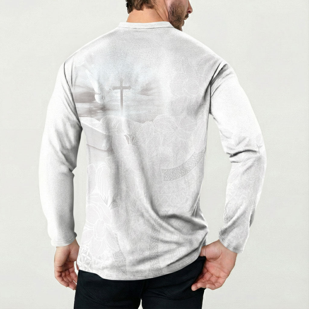 Niue White Sunday Tapu Fanau Button Sweatshirt Fiti Pua Mix Hiapo Tapa LT7 - Polynesian Pride