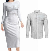 Niue White Sunday Tapu Fanau Couples Matching Long Sleeve Bodycon Dress and Long Sleeve Button Shirt Fiti Pua Mix Hiapo Tapa LT7 White - Polynesian Pride