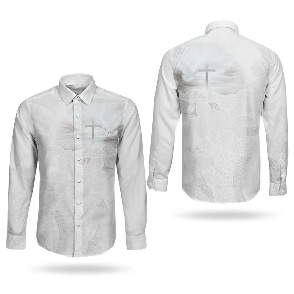 Niue White Sunday Tapu Fanau Couples Matching Long Sleeve Bodycon Dress and Long Sleeve Button Shirt Fiti Pua Mix Hiapo Tapa LT7 - Polynesian Pride