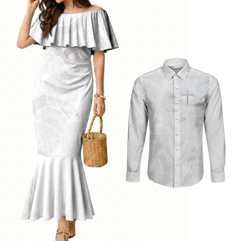 Niue White Sunday Tapu Fanau Couples Matching Mermaid Dress and Long Sleeve Button Shirt Fiti Pua Mix Hiapo Tapa LT7 White - Polynesian Pride