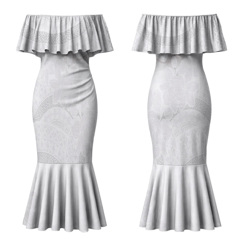 Niue White Sunday Tapu Fanau Couples Matching Mermaid Dress and Long Sleeve Button Shirt Fiti Pua Mix Hiapo Tapa LT7 - Polynesian Pride
