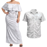 Niue White Sunday Tapu Fanau Couples Matching Off Shoulder Maxi Dress and Hawaiian Shirt Fiti Pua Mix Hiapo Tapa LT7 White - Polynesian Pride
