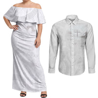 Niue White Sunday Tapu Fanau Couples Matching Off Shoulder Maxi Dress and Long Sleeve Button Shirt Fiti Pua Mix Hiapo Tapa