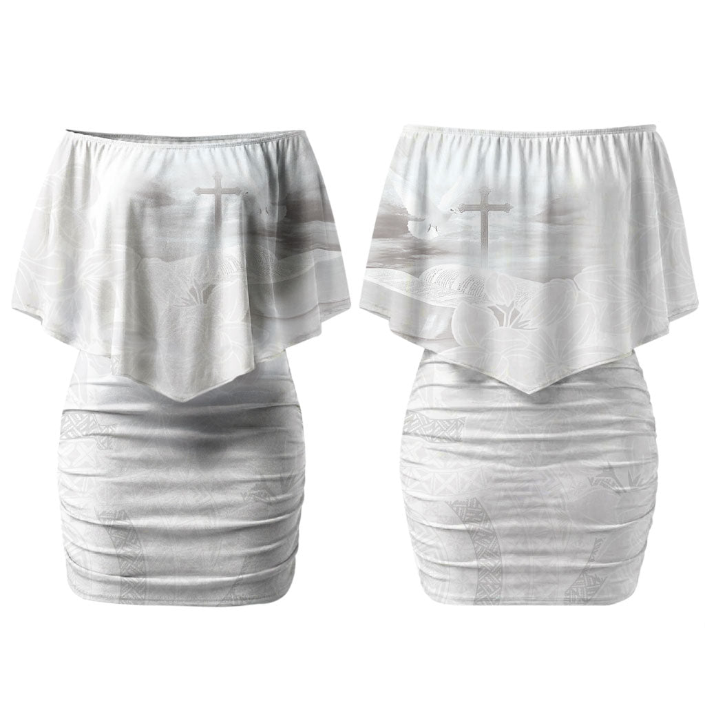 Niue White Sunday Tapu Fanau Couples Matching Off Shoulder Short Dress and Long Sleeve Button Shirt Fiti Pua Mix Hiapo Tapa LT7 - Polynesian Pride