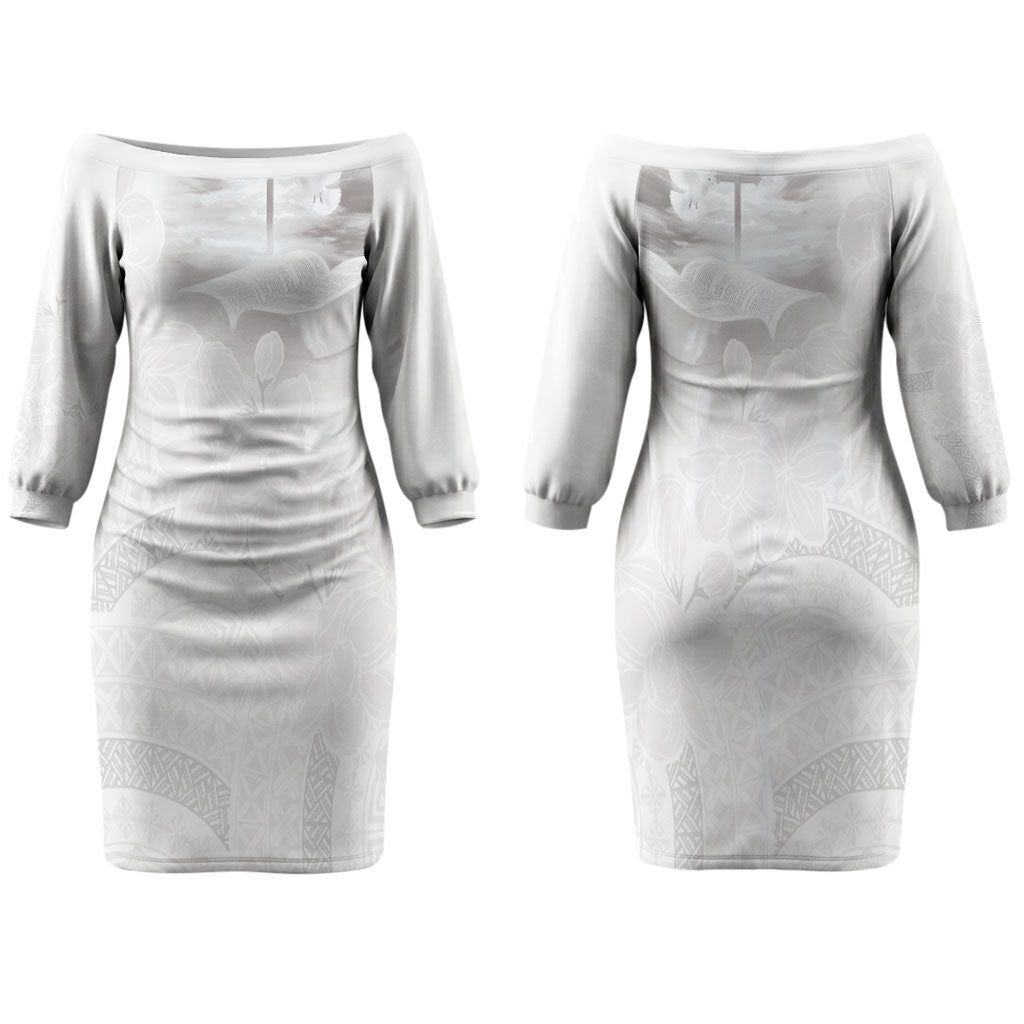 Niue White Sunday Tapu Fanau Couples Matching Off The Shoulder Long Sleeve Dress and Long Sleeve Button Shirt Fiti Pua Mix Hiapo Tapa LT7 - Polynesian Pride