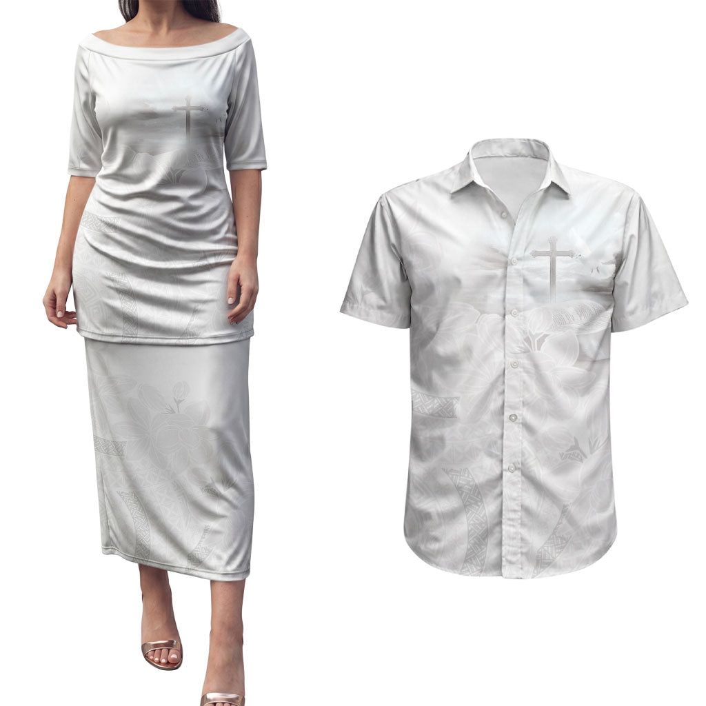 Niue White Sunday Tapu Fanau Couples Matching Puletasi and Hawaiian Shirt Fiti Pua Mix Hiapo Tapa LT7 White - Polynesian Pride