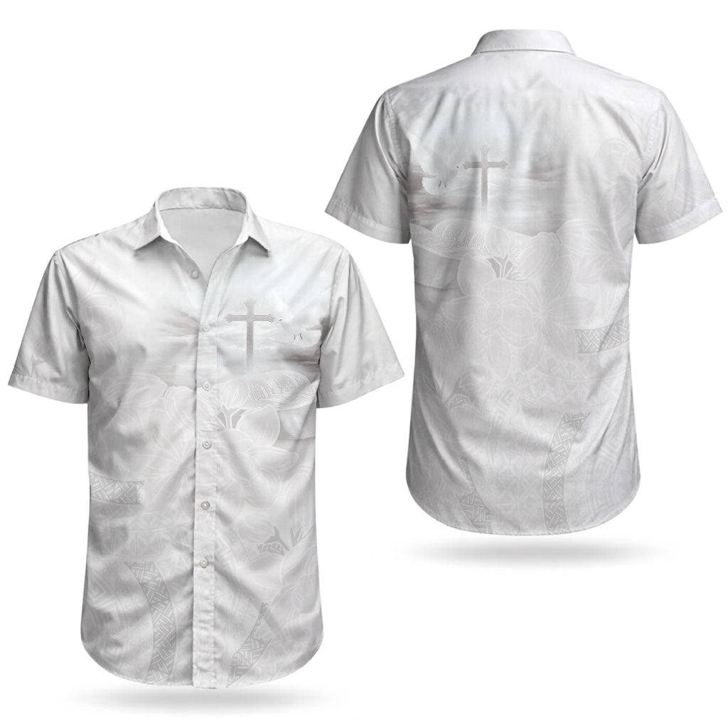 Niue White Sunday Tapu Fanau Couples Matching Short Sleeve Bodycon Dress and Hawaiian Shirt Fiti Pua Mix Hiapo Tapa