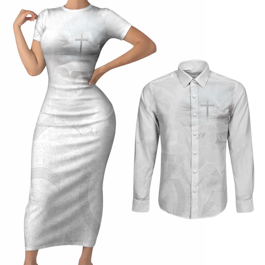 Niue White Sunday Tapu Fanau Couples Matching Short Sleeve Bodycon Dress and Long Sleeve Button Shirt Fiti Pua Mix Hiapo Tapa LT7 White - Polynesian Pride