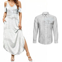 Niue White Sunday Tapu Fanau Couples Matching Summer Maxi Dress and Long Sleeve Button Shirt Fiti Pua Mix Hiapo Tapa LT7 White - Polynesian Pride