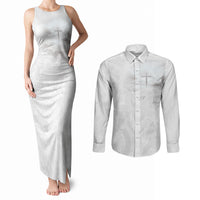 Niue White Sunday Tapu Fanau Couples Matching Tank Maxi Dress and Long Sleeve Button Shirt Fiti Pua Mix Hiapo Tapa LT7 White - Polynesian Pride