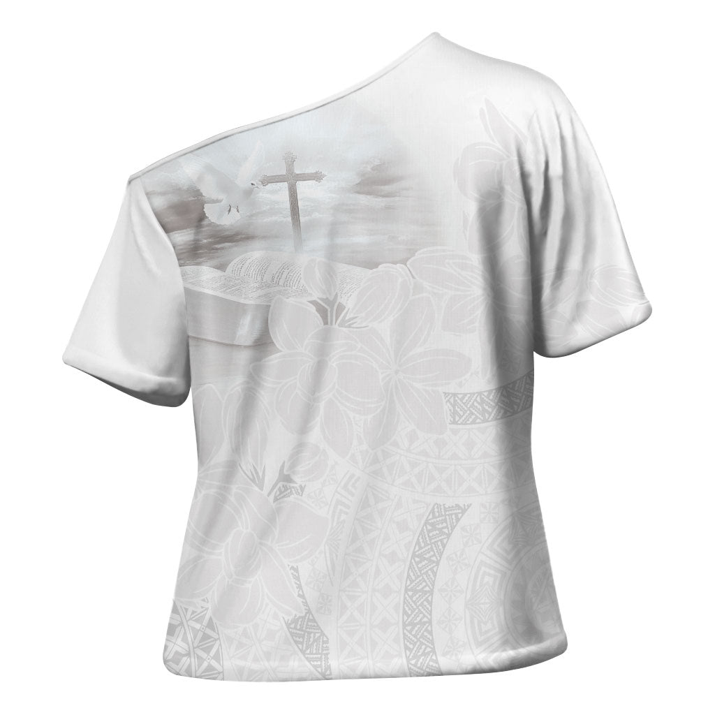 Niue White Sunday Tapu Fanau Cross Shoulder Shirt Fiti Pua Mix Hiapo Tapa LT7 - Polynesian Pride