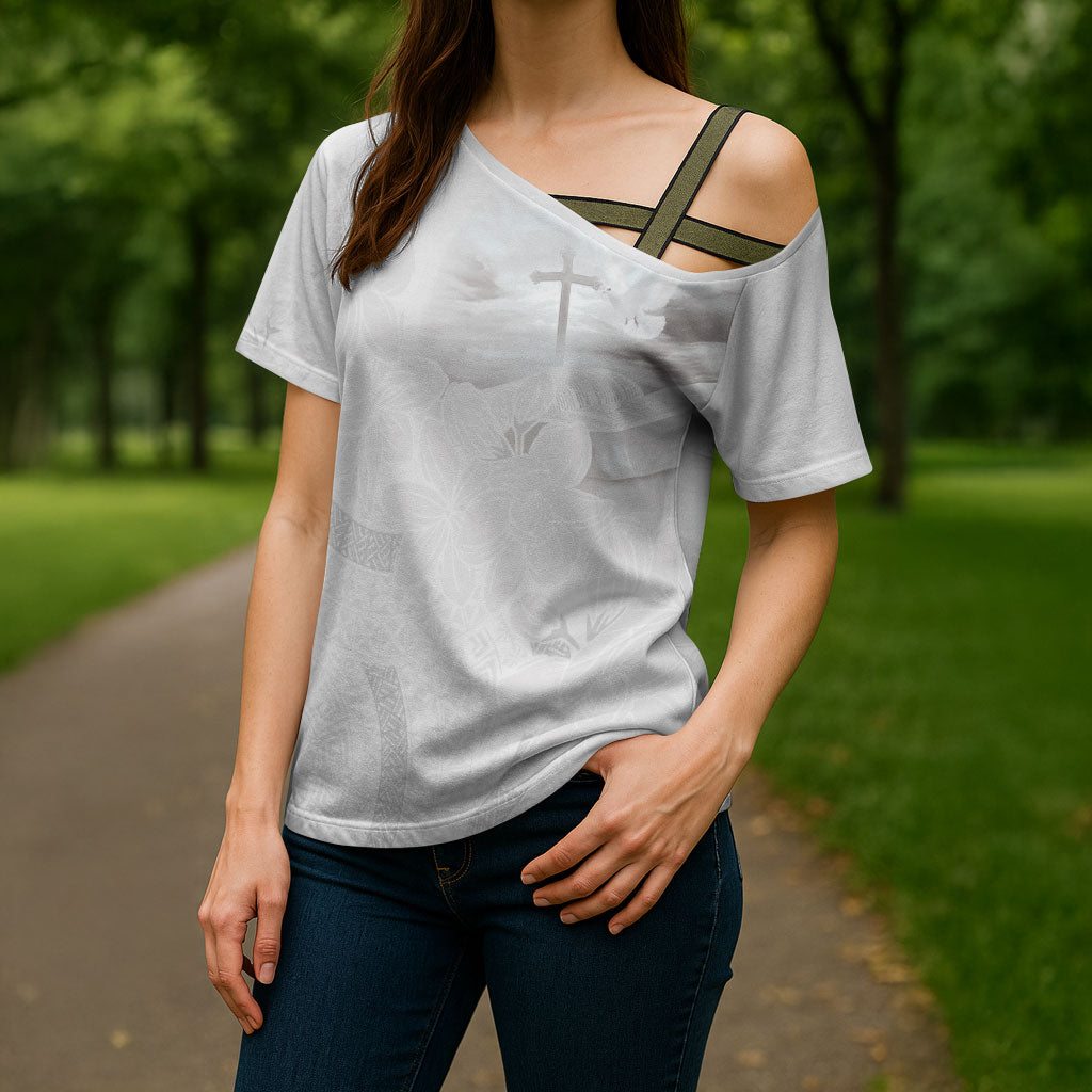 Niue White Sunday Tapu Fanau Cross Shoulder Shirt Fiti Pua Mix Hiapo Tapa LT7 - Polynesian Pride