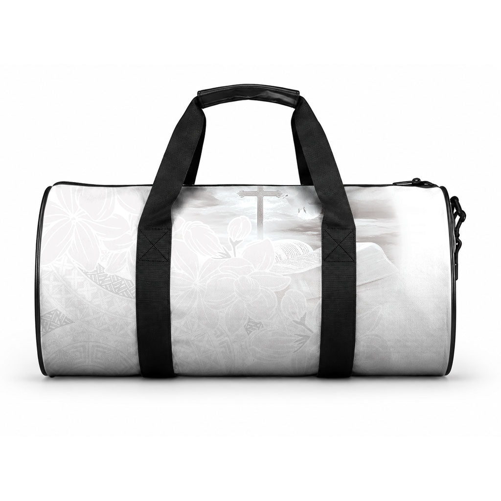 Niue White Sunday Tapu Fanau Duffle Bag Fiti Pua Mix Hiapo Tapa LT7 One size White - Polynesian Pride