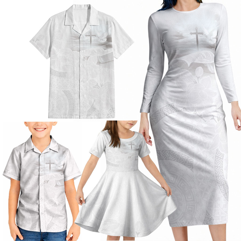 Niue White Sunday Tapu Fanau Family Matching Long Sleeve Bodycon Dress and Hawaiian Shirt Fiti Pua Mix Hiapo Tapa LT7 - Polynesian Pride
