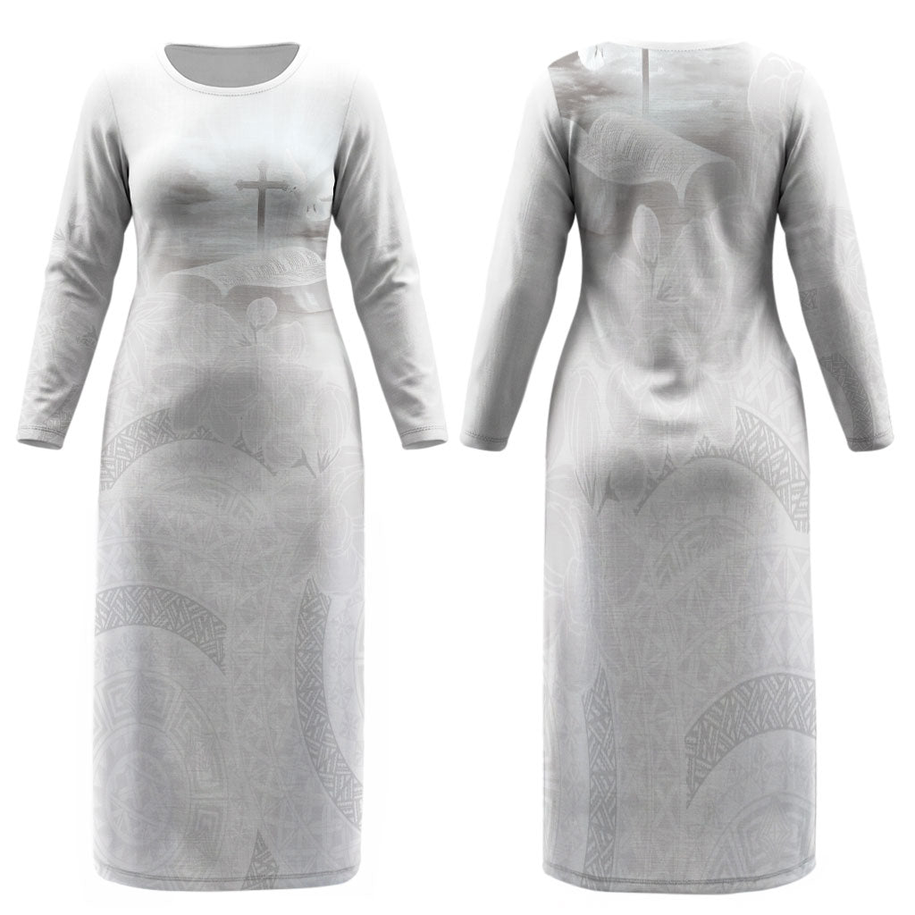 Niue White Sunday Tapu Fanau Family Matching Long Sleeve Bodycon Dress and Hawaiian Shirt Fiti Pua Mix Hiapo Tapa LT7 Mom's Dress White - Polynesian Pride