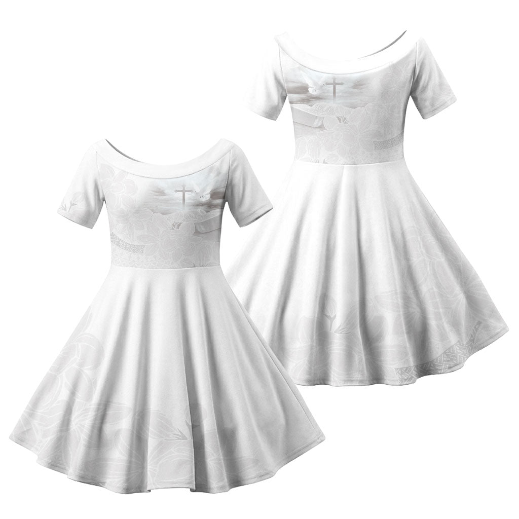 Niue White Sunday Tapu Fanau Family Matching Long Sleeve Bodycon Dress and Hawaiian Shirt Fiti Pua Mix Hiapo Tapa LT7 Daughter's Dress White - Polynesian Pride