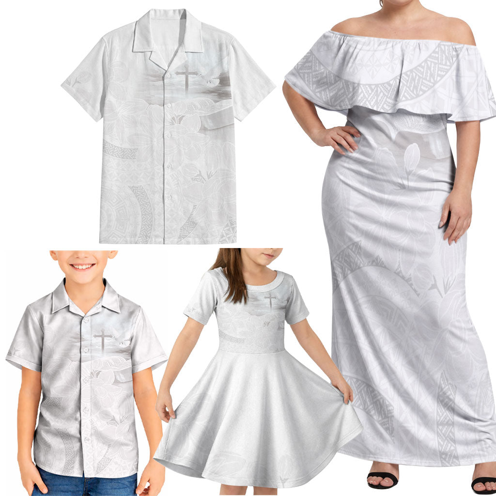 Niue White Sunday Tapu Fanau Family Matching Off Shoulder Maxi Dress and Hawaiian Shirt Fiti Pua Mix Hiapo Tapa