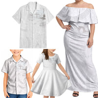 Niue White Sunday Tapu Fanau Family Matching Off Shoulder Maxi Dress and Hawaiian Shirt Fiti Pua Mix Hiapo Tapa